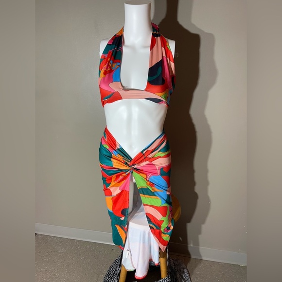 None Dresses & Skirts - Coord Set Psychedelic Colorful Swirls 60s/70’s Style Halter Bra Top Skirt